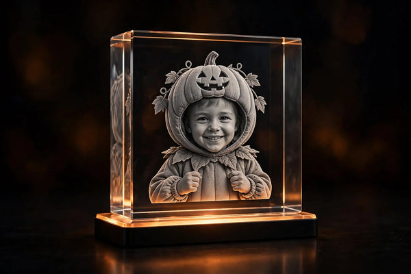 Child's Halloween costume photo engraved in 3D crystal — AB Crystal Collection