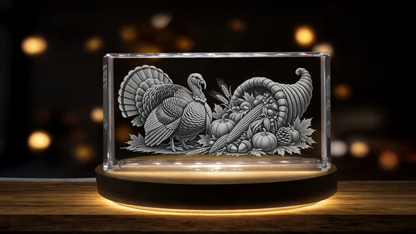 Thanksgiving turkey and cornucopia engraved in 3D crystal, grey engraving — AB Crystal Collection