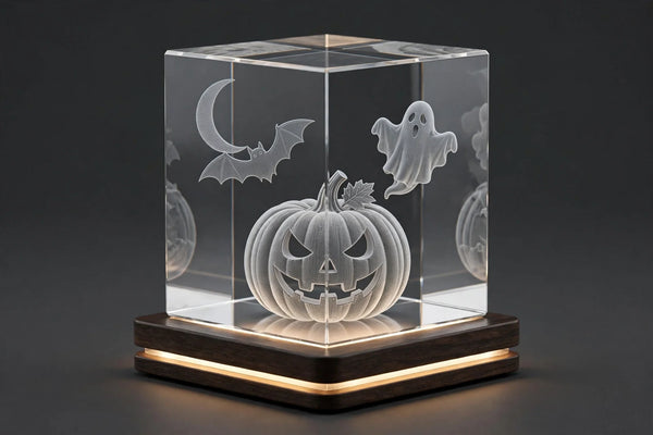 3D engraved crystal cube with Halloween jack-o-lantern, ghost and bat designs