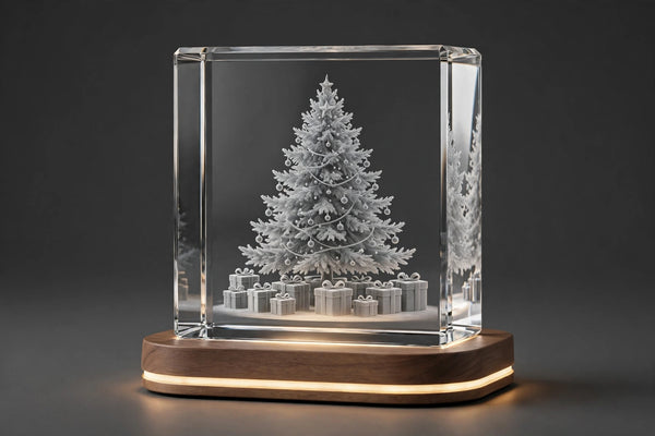 Christmas tree and gifts engraved in 3D crystal, grey engraving — AB Crystal Collection