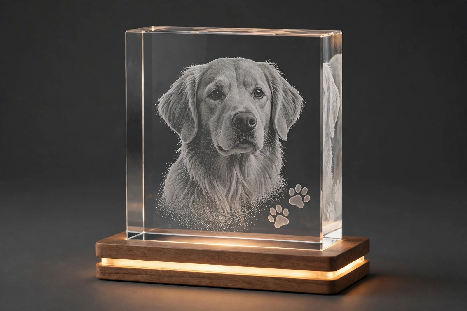 Beloved dog portrait engraved in 3D crystal memorial, grey engraving — AB Crystal Collection