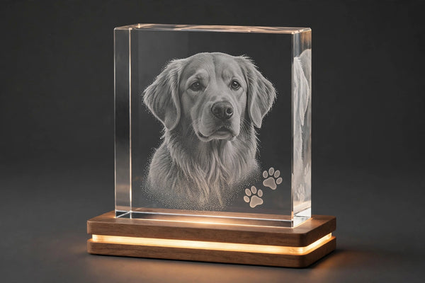 Beloved dog portrait engraved in 3D crystal memorial, grey engraving — AB Crystal Collection