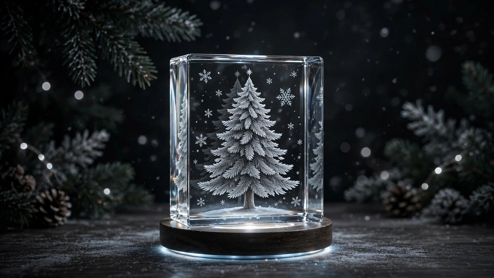 Christmas tree engraved in 3D crystal, grey engraving — AB Crystal Collection