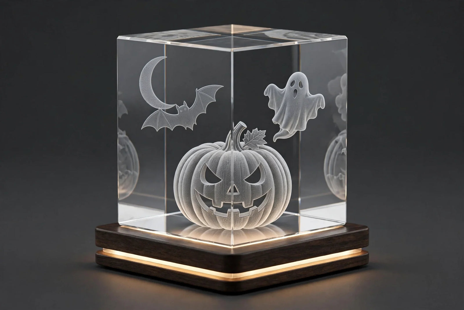 3D engraved crystal cube with Halloween jack-o-lantern, ghost and bat designs