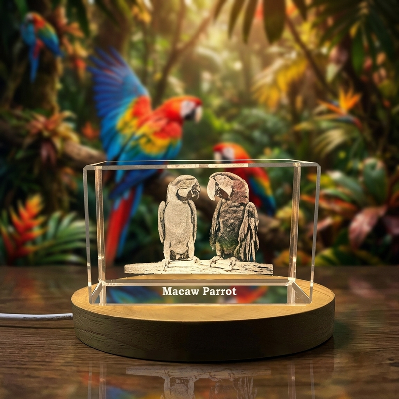 a glass trophy with a picture of a bird on it