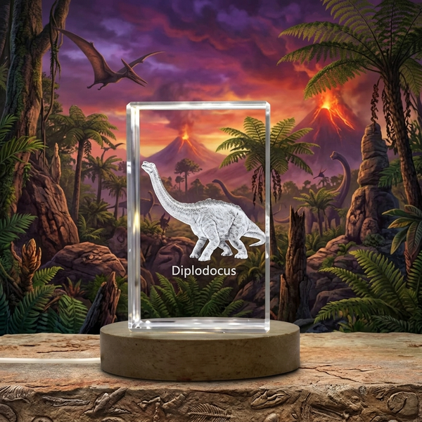 a glass sculpture of a dinosaur on a table