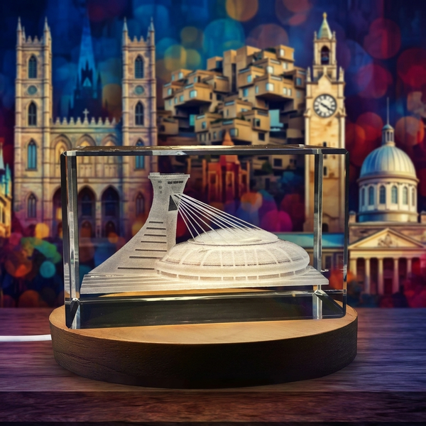 a model of a building in a glass case