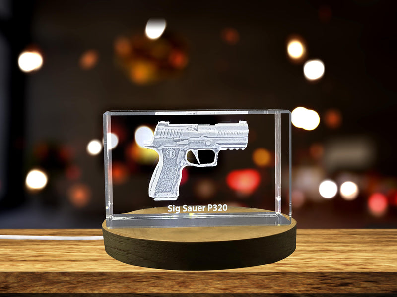 a glass case with a gun inside of it
