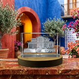 Mediterranean House 3D Engraved Crystal Trophy Award with Free LED Base Light - Custom Award From A&B Crystal Collection