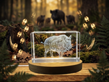 3D Engraved Crystal Wild Boar Sculpture with LED Base Light - Custom Award From A&B Crystal Collection