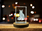 Maine Coon Cat Recognition Trophy – Engraved Crystal Sculpture & LED Base Light Gift for Cat Lovers