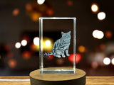 Elegant American Shorthair Cat Recognition Trophy Award - 3D Engraved Crystal with LED Base - Custom Award From A&B Crystal Collection
