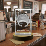 3D Crystal Waitress Hat Sculpture with Intricate Engraving and LED Base Light