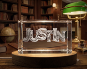 Justin 3D Engraved Crystal Name Trophy Award With Free LED Base - Recognition Home Decor