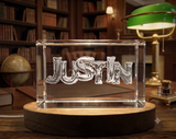 Justin 3D Engraved Crystal Name Trophy Award With Free LED Base - Recognition Home Decor