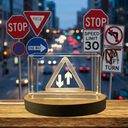 Two-Way Traffic Sign Sculpture - Recognition: Harmonious Exchange 3D Engraved Crystal Trophy