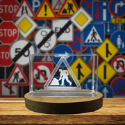 Men at Work Traffic Sign 3D Engraved Crystal | Road Safety Symbol Trophy & Collectible Gift
