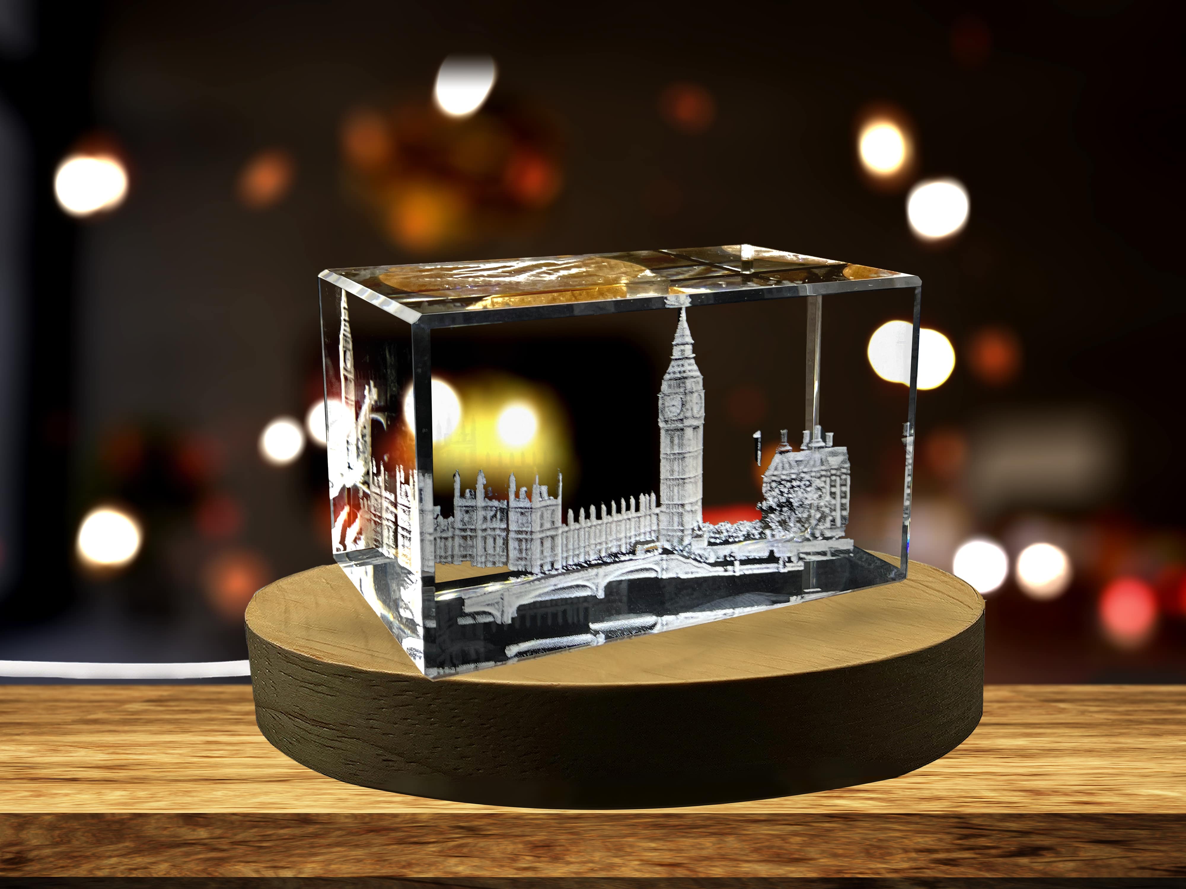 House of Parliament and Elizabeth Tower 3D Engraved Crystal Collectible Souvenir A&B Crystal Collection