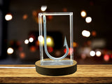 Recognition Unique 3D Engraved Crystal Fishing Hook Gift for Anglers with LED Base Light
