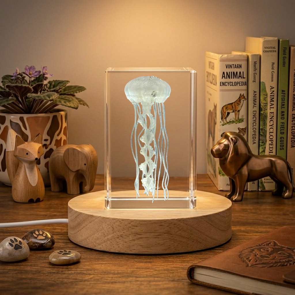 Jellyfish Recognition 3D Engraved Crystal Trophy Award with LED Base - Handcrafted Elegance