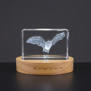 3D Crystal Bat Sculpture, Laser Engraved Wildlife Figurine, LED Base Gothic Halloween Gift
