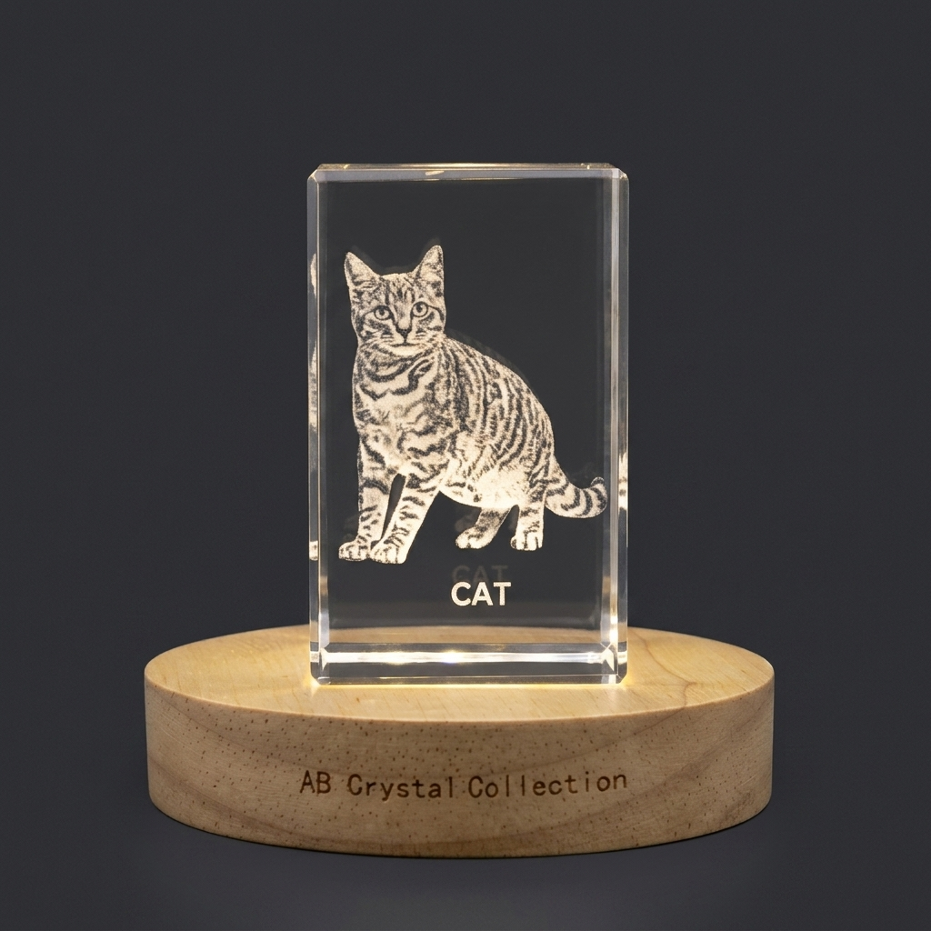 Recognition Unique 3D Engraved Cat Trophy Award Crystal With LED Base - Perfect Gift For Cat Lovers