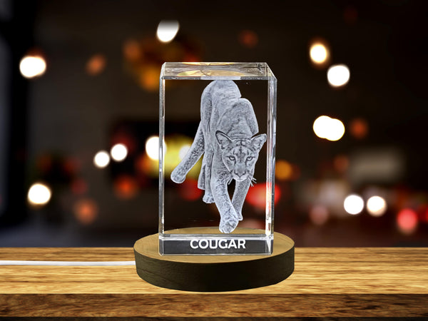 Majestic Cougar 3D Engraved Crystal Trophy Award with LED Base - Recognition for Wildlife Enthusiasts