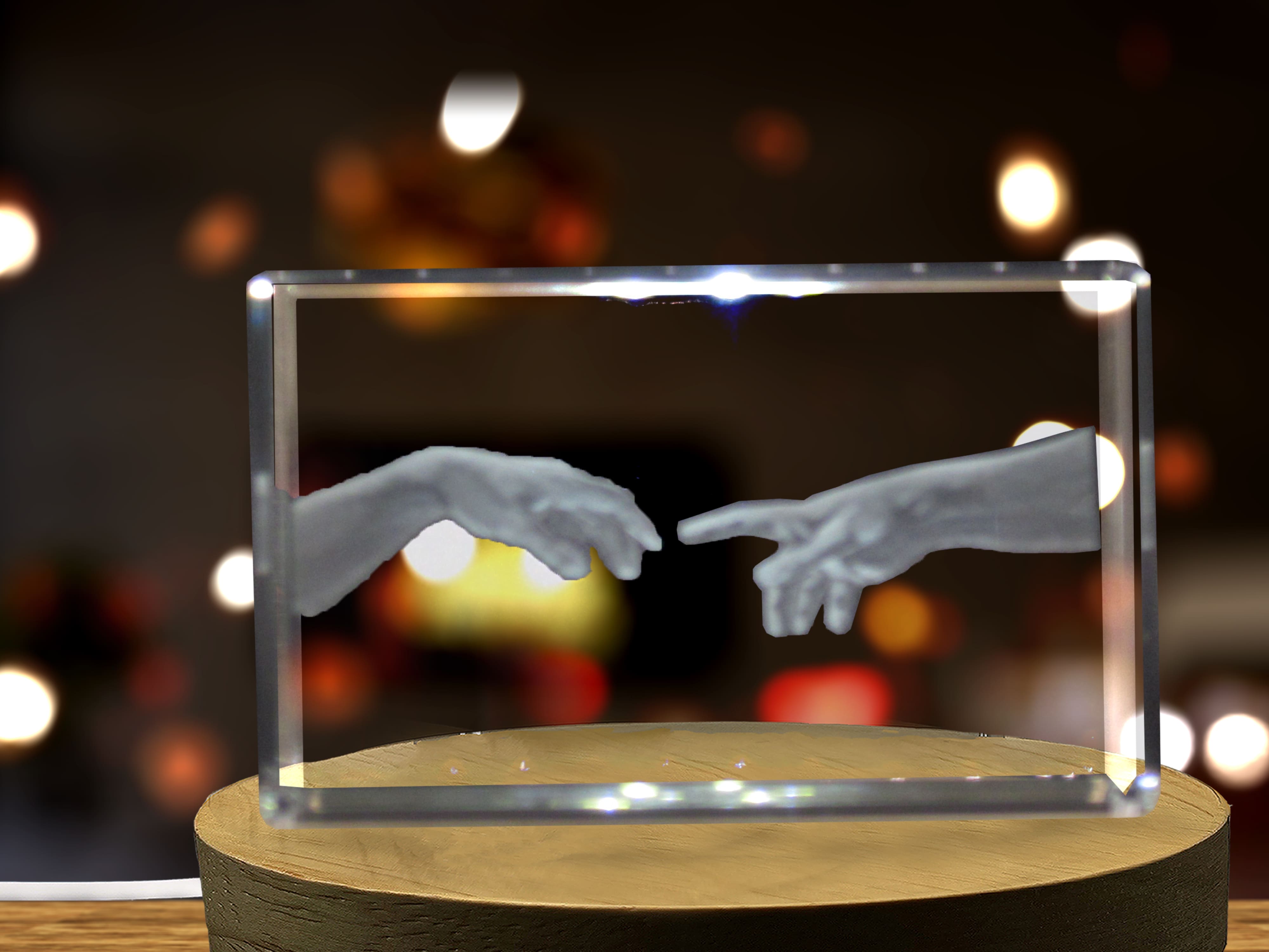 Hand of God and Adam Michelangelo 3D Engraved Crystal 3D Engraved Crystal Keepsake/Gift/Decor/Collectible/Souvenir A&B Crystal Collection