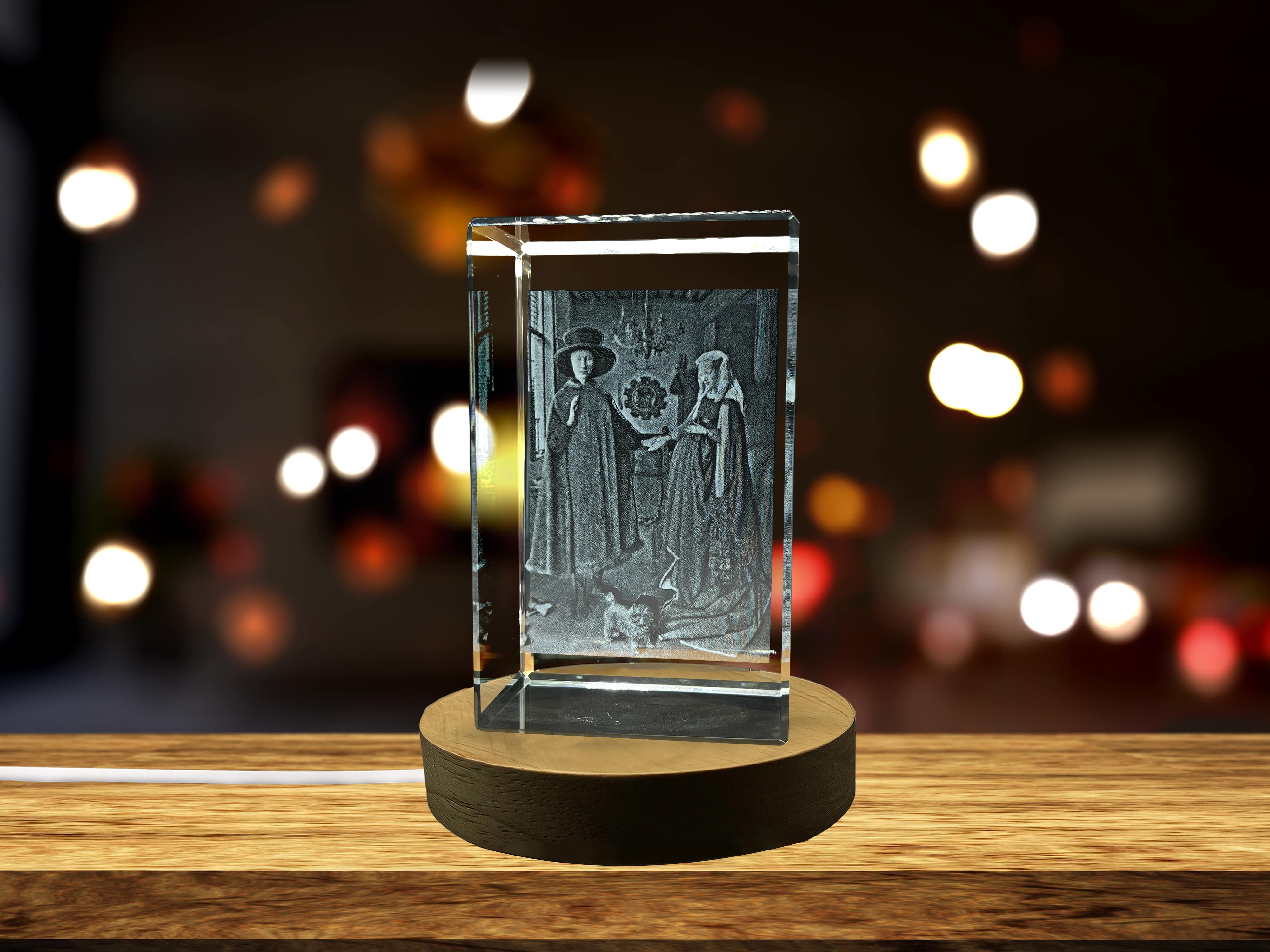 The Arnolfini Portrait 3D Engraved Crystal Decor with LED Base Light A&B Crystal Collection