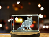 Turkish Angora Cat Trophy Recognition - 3D Engraved Crystal Sculpture With LED Base Light - Custom Award From A&B Crystal Collection