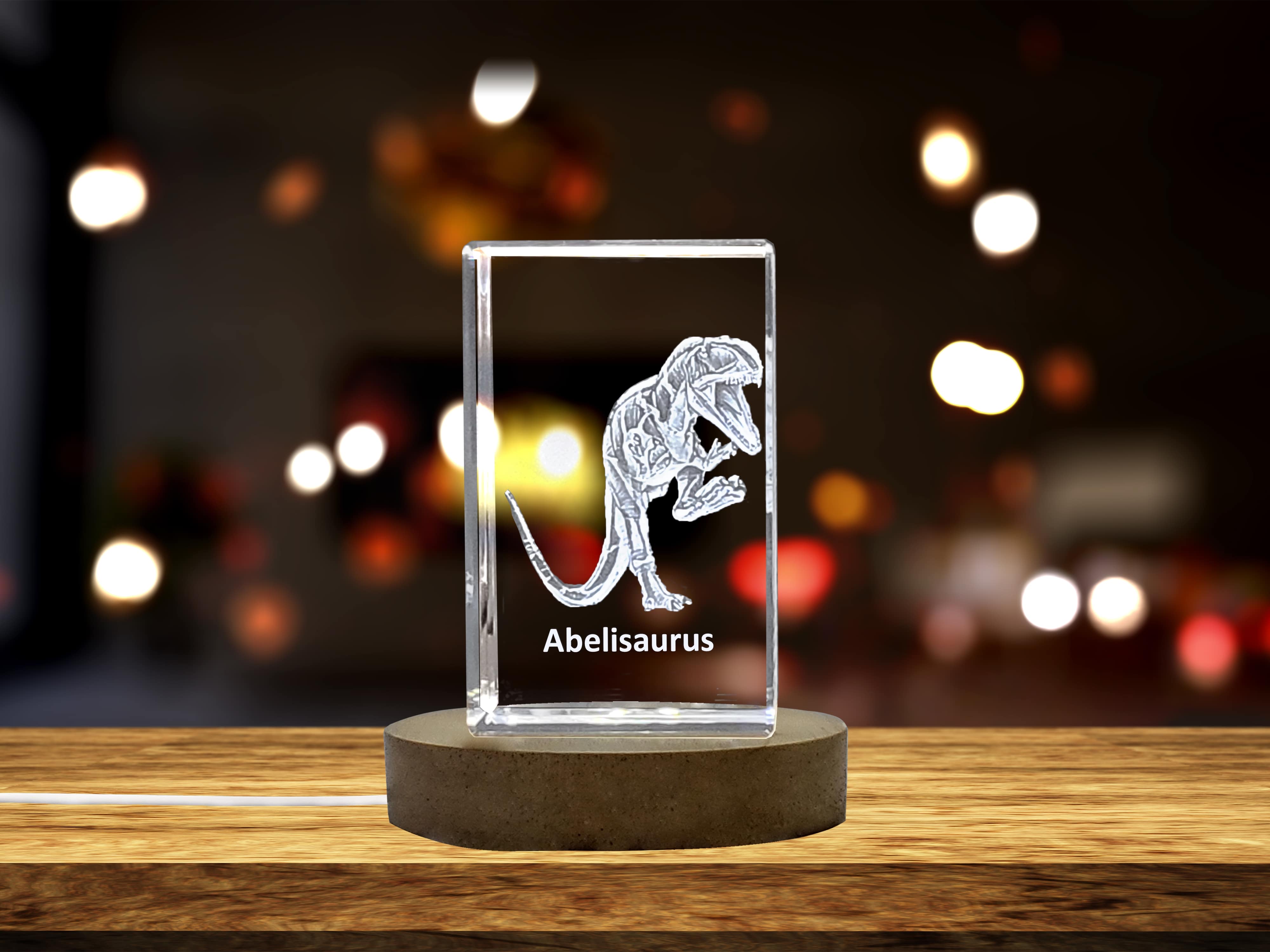 Abelisaurus Dinosaur 3D Engraved Crystal - Handcrafted Art Piece with LED Base Light - Available in Multiple Sizes A&B Crystal Collection
