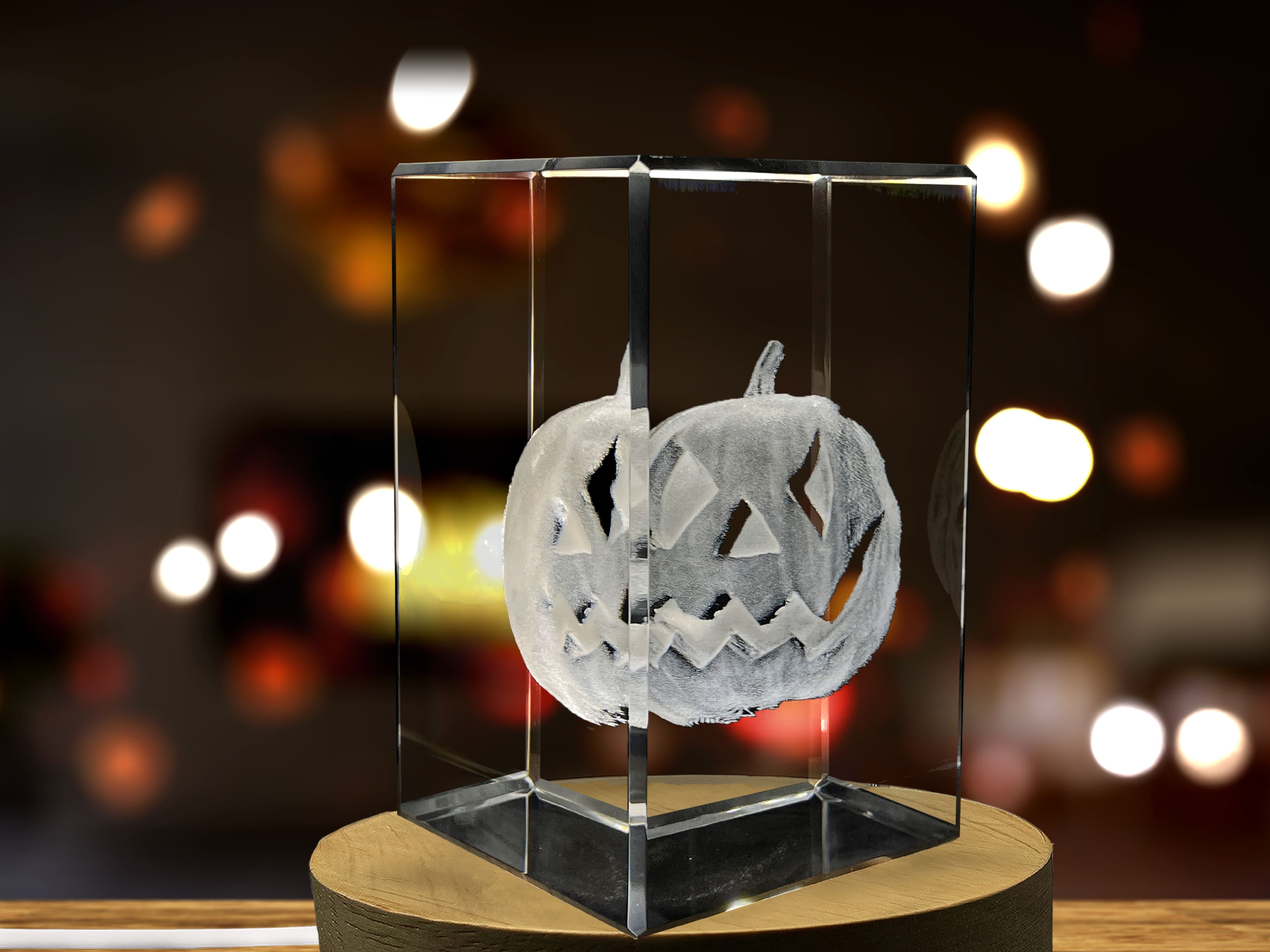 Jack-O-Lantern Symbol 3D Engraved Crystal Decor with Free LED Base Light A&B Crystal Collection