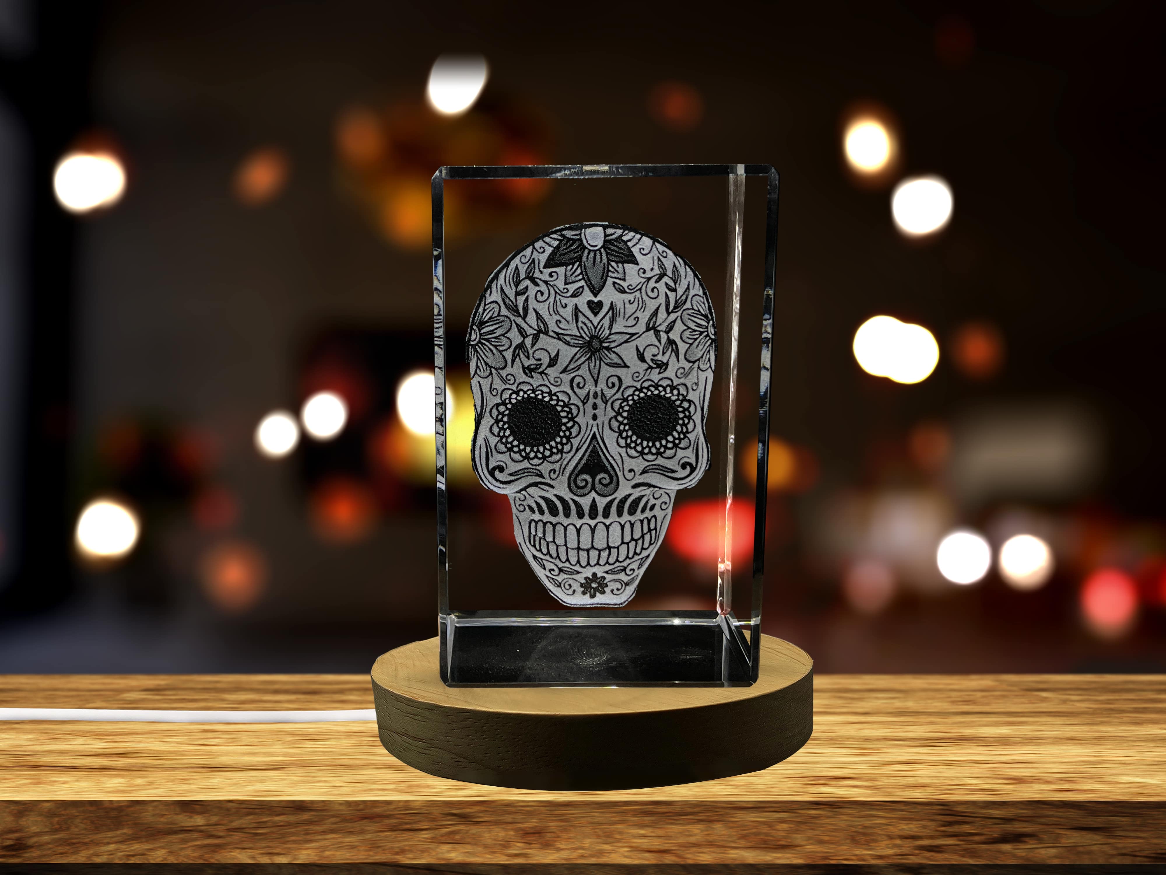 Mexican Skull 3D Engraved Crystal Decor with LED Base - Handcrafted Premium Quality Glass A&B Crystal Collection