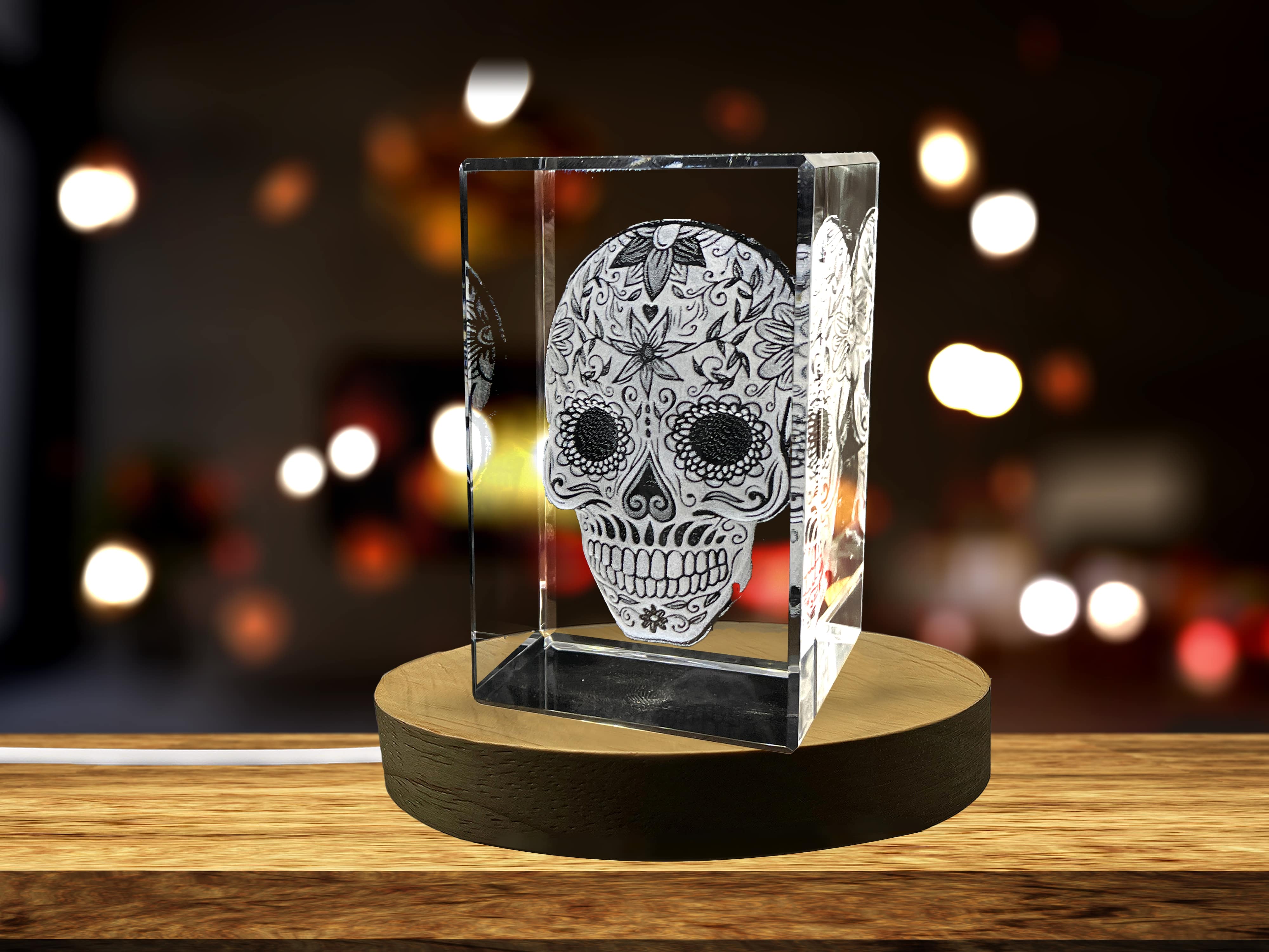 Mexican Skull 3D Engraved Crystal Decor with LED Base - Handcrafted Premium Quality Glass A&B Crystal Collection