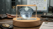 Police Cap Sculpture - Recognition Crystal - Intricate Engraving with LED Base Light