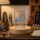 French Horn 3D Engraved Crystal Trophy Award for Recognition | LED Base Keepsake Treasure