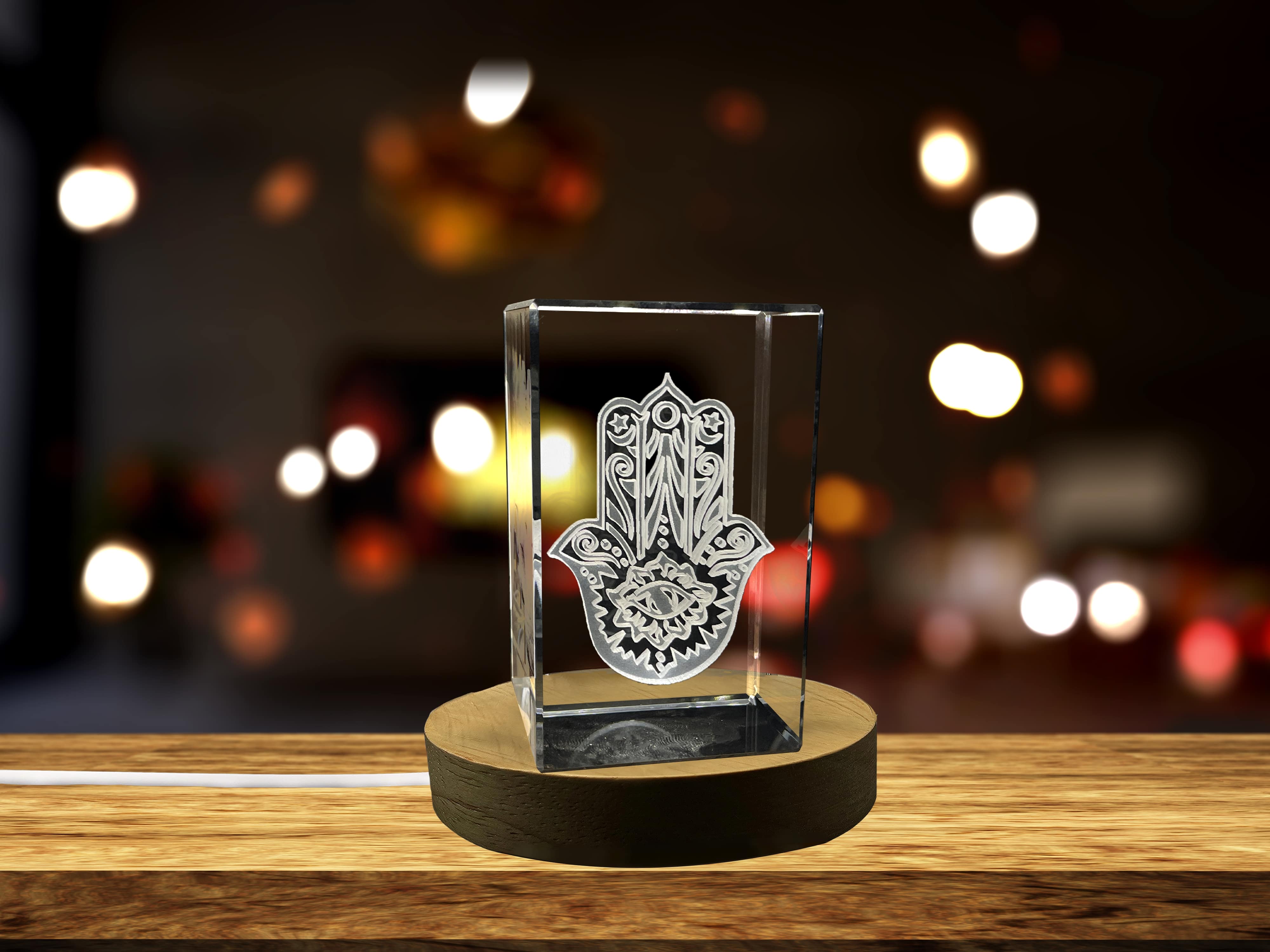 3D Engraved Crystal Keepsake | Hamsa Hand Design | LED Base Light Included A&B Crystal Collection