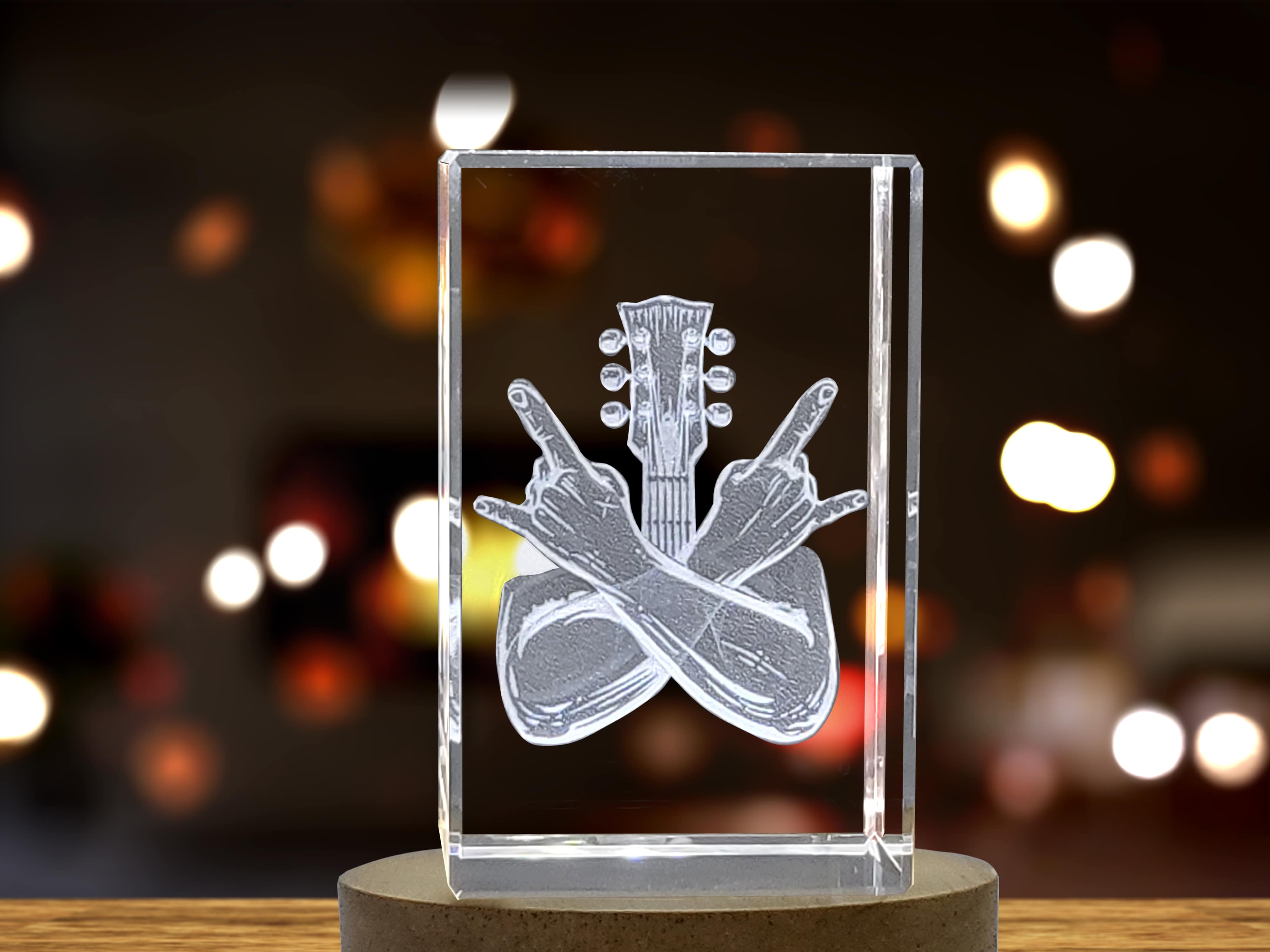 Unique 3D Engraved Crystal with Crossed Hands Rock n Roll Gesture and Guitar Design - Perfect Gift for Music Lovers A&B Crystal Collection