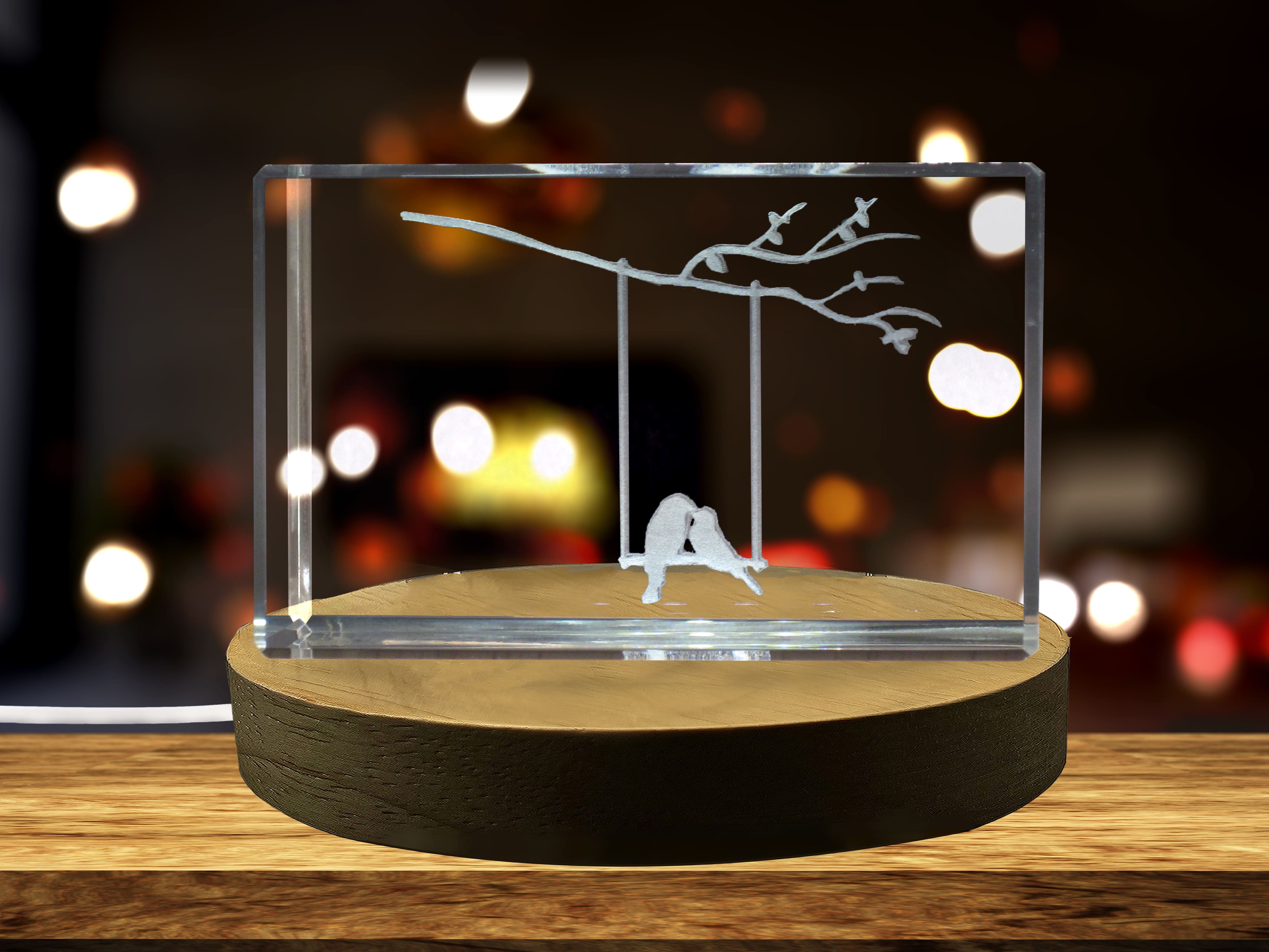 Souvenir 3D Engraved Crystal of Birds on a Swing on a Branch A&B Crystal Collection