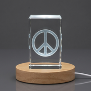 3D Engraved Peace Sign Crystal Trophy Award with LED Base Light - Recognition Keepsake Decor