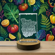 Peace Love Vegan Recognition 3D Engraved Crystal Trophy Keepsake with Free LED Base Light