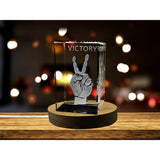 Victory Sign 3D Engraved Crystal Keepsake with LED Base Light A&B Crystal Collection