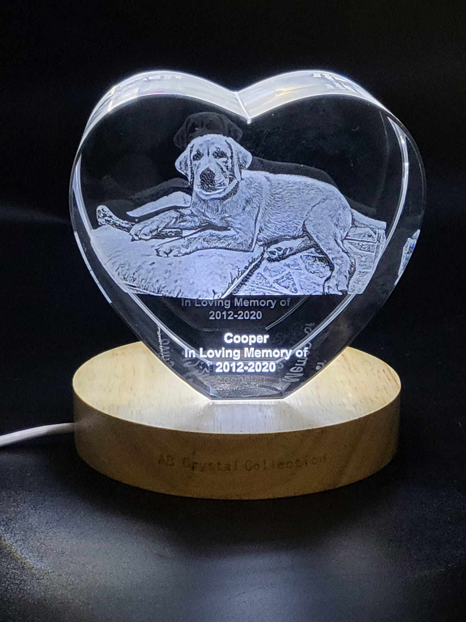 Pet Personalized 3D Crystal - Customizable Sizes & Shapes Heart Small With LED Base A&B Crystal Collection