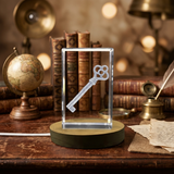 3D Engraved Crystal Key Charm Trophy Award with LED Base - Vintage Keepsake Gift