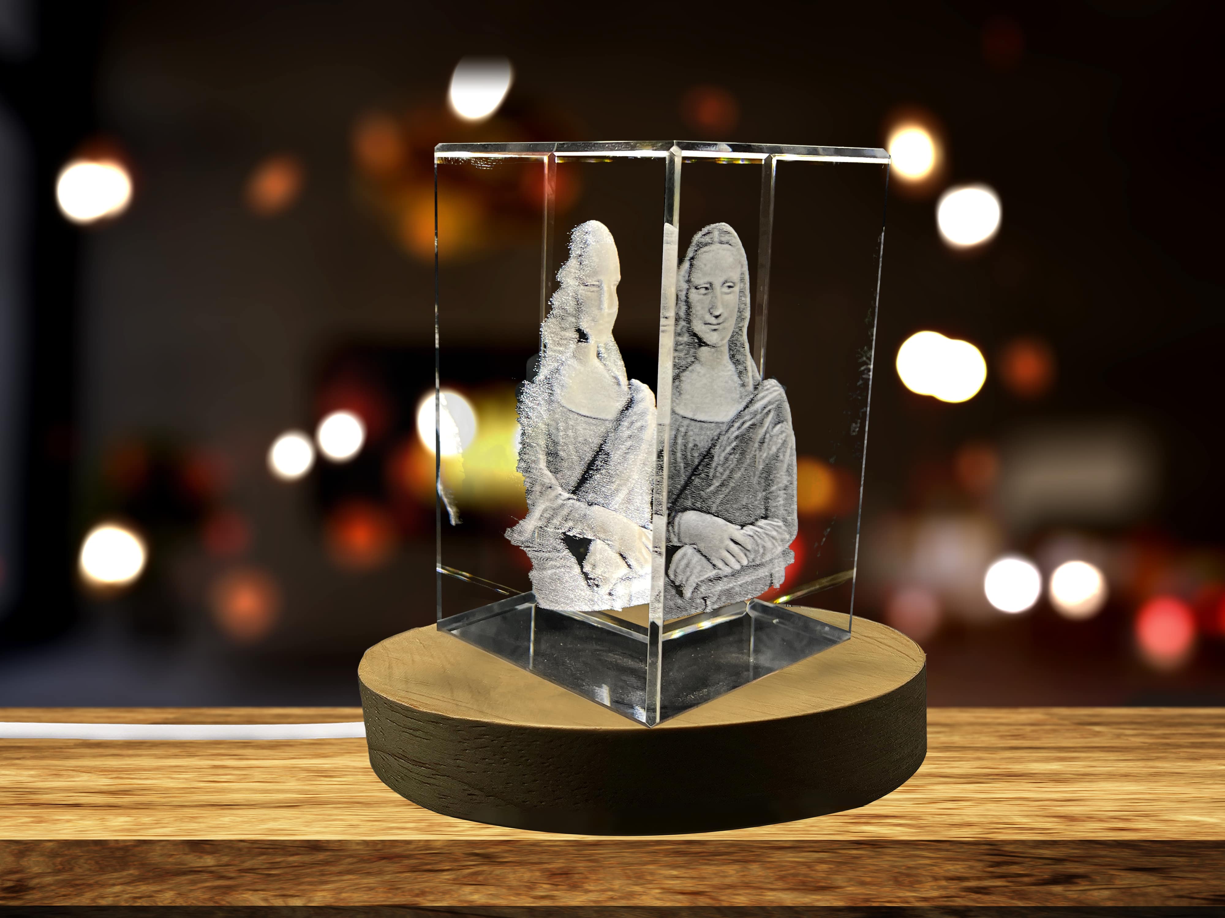 Mona Lisa 3D Engraved Crystal Decor with LED Base - Made in Canada - Gift Box Included A&B Crystal Collection