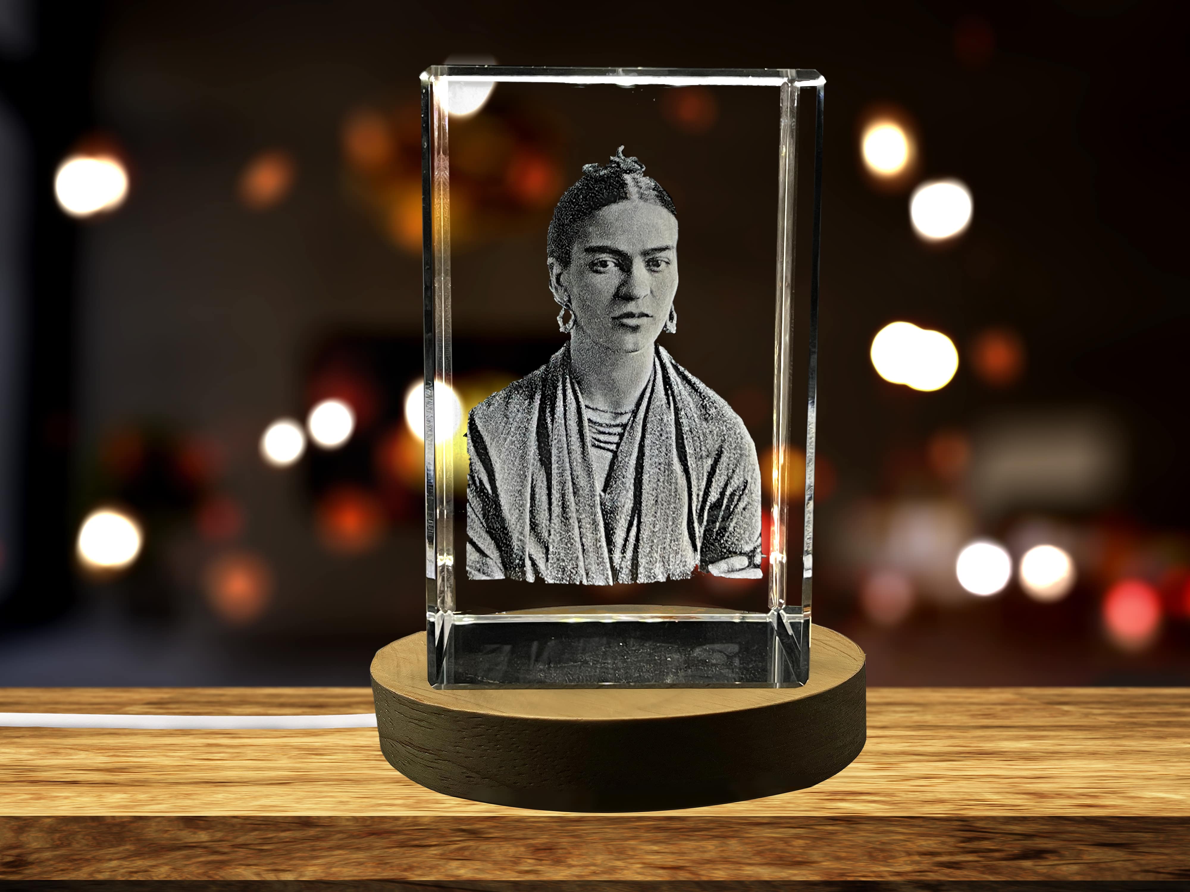 Frida Kahlo 3D Engraved Crystal Decor with LED Base Light A&B Crystal Collection