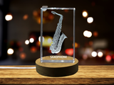 Saxophone 3D Engraved Crystal Keepsake - Canada-Made | Free LED Base | Multiple Sizes A&B Crystal Collection
