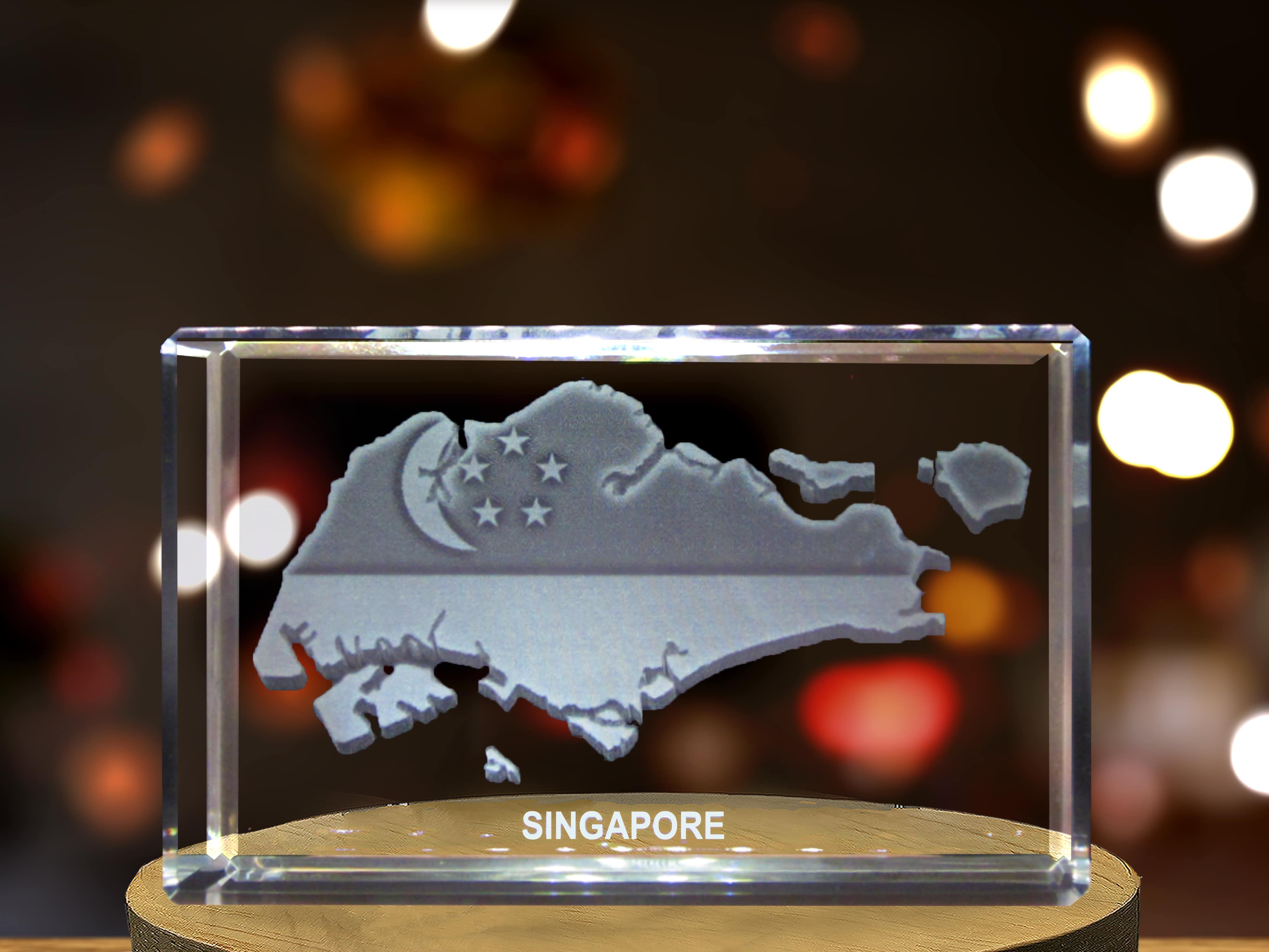 Singapore Map 3D Engraved Crystal Gift Art Decor | Made-to-Order Keepsake | LED Base Included A&B Crystal Collection