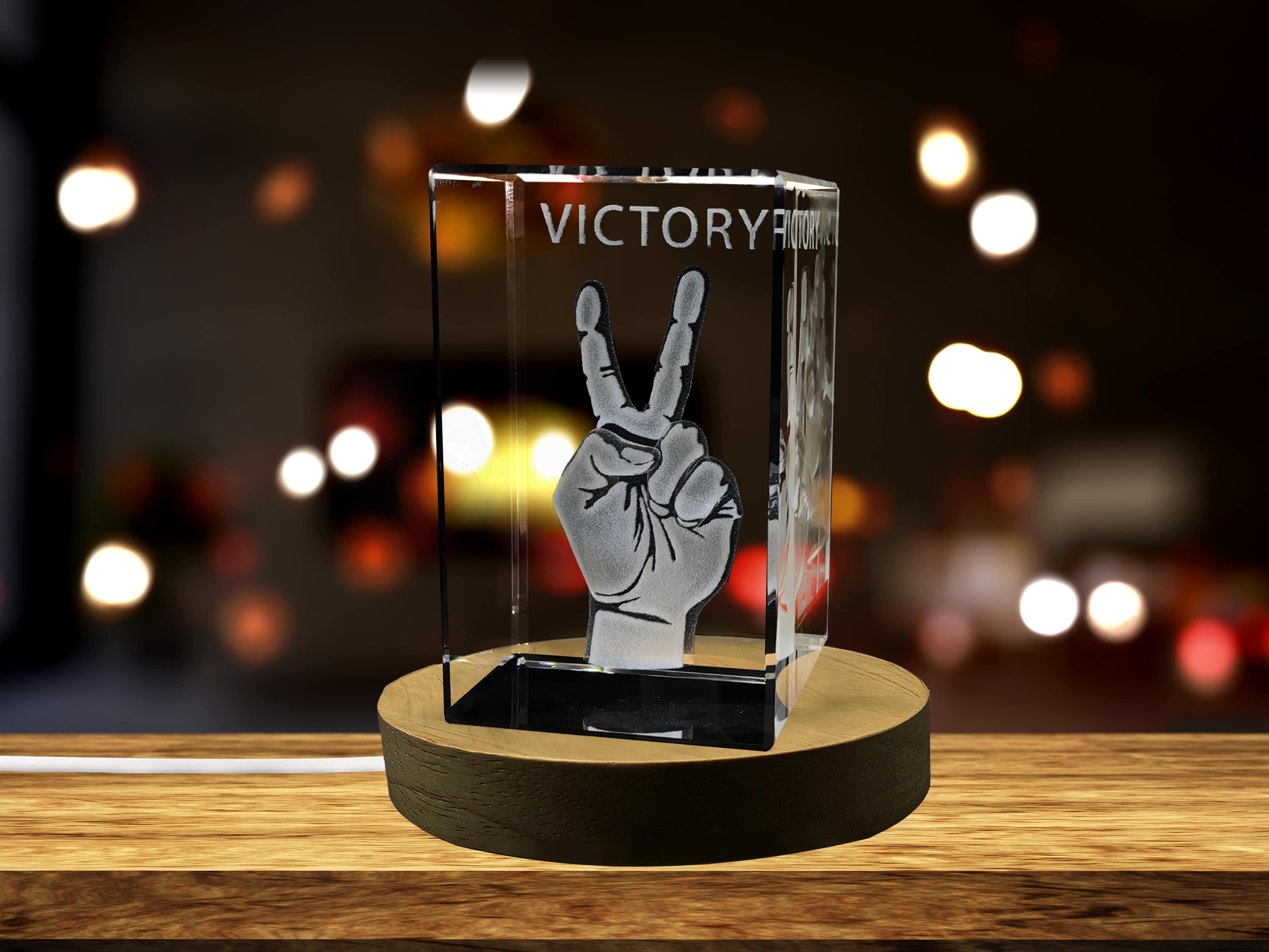 Victory Sign 3D Engraved Crystal Keepsake A&B Crystal Collection