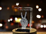 Victory Sign 3D Engraved Crystal Keepsake with LED Base Light A&B Crystal Collection